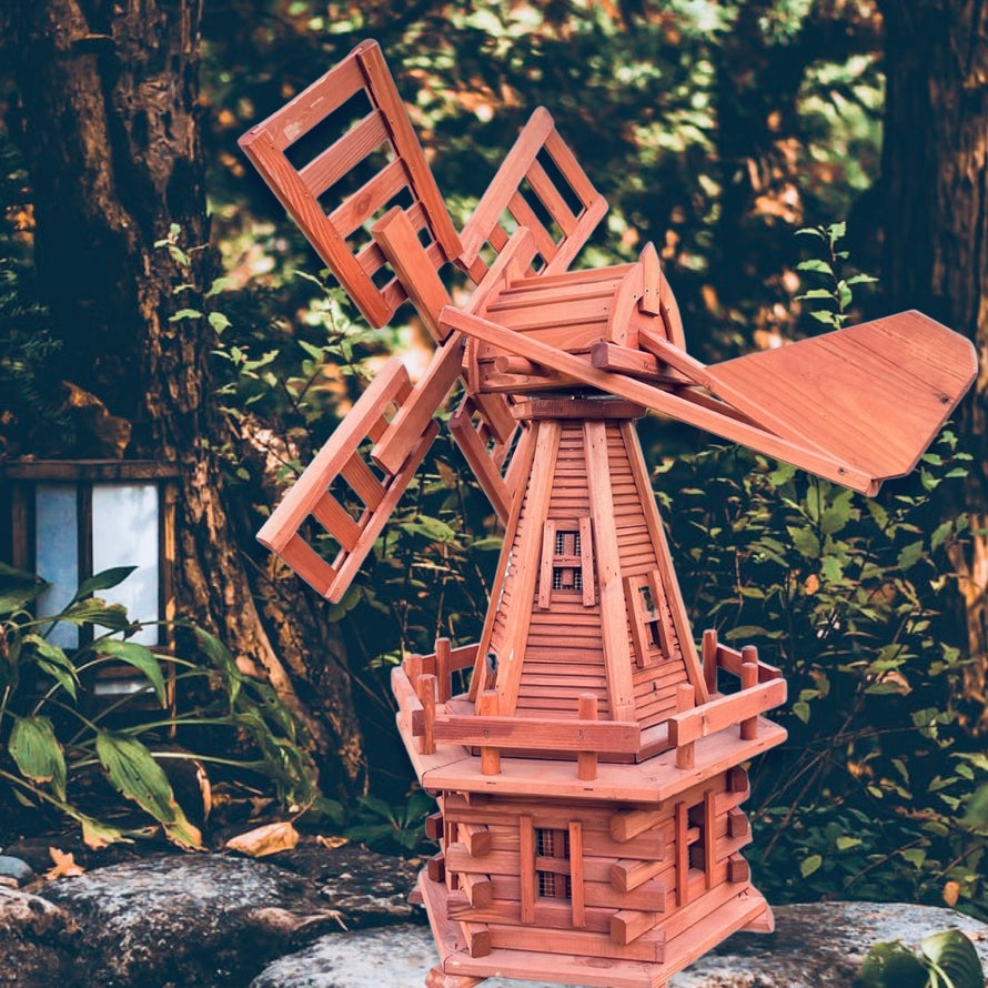 Handcrafted wooden garden windmills - A harmonious fusion of beauty and functionality, available in various designs for enhancing your outdoor space.