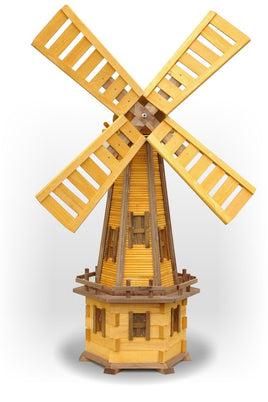 Image: A beautifully crafted wooden garden windmill with rotating blades, adding a touch of vintage charm and movement to the landscape.